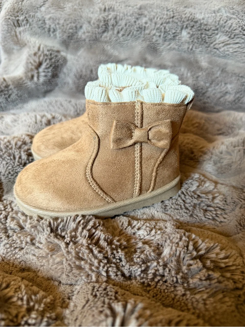 Kids Suede Bow Booties in Tan size 5 (toddler)